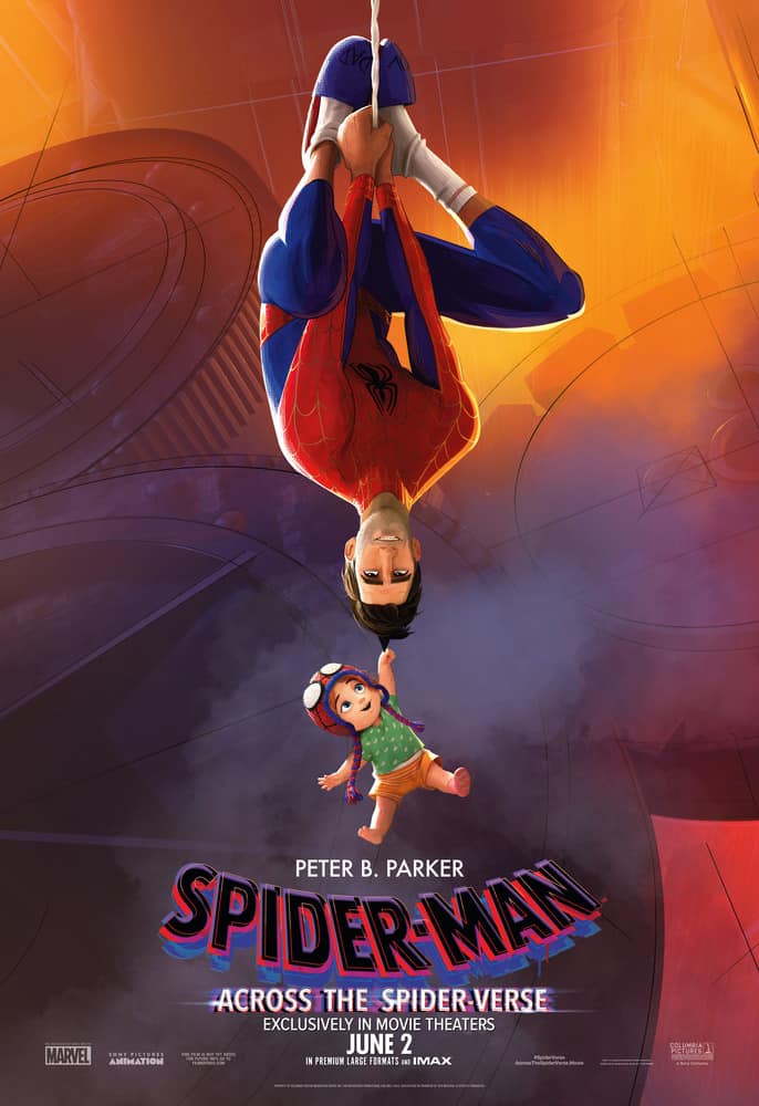 Peter Parker as Spiderman hanging upside down with a baby hanging onto him. Spider-Man Across the Spider-Verse.