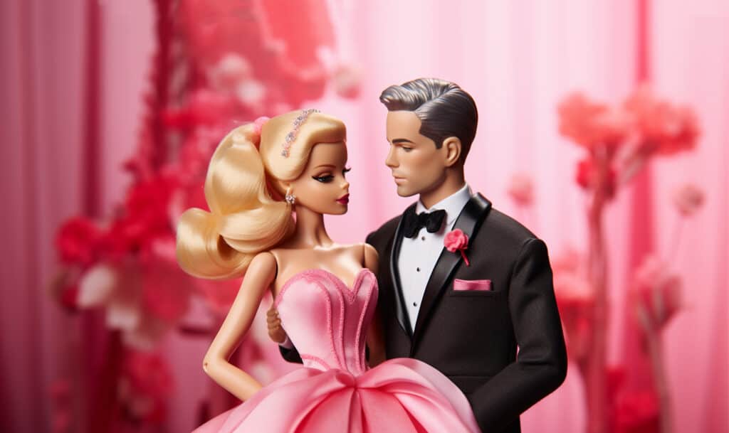 Glamour Barbie doll with Blonde hair and pink dress, and Glamour Ken with black tuxedo and pink carnation and pink handkerchief in pocket.