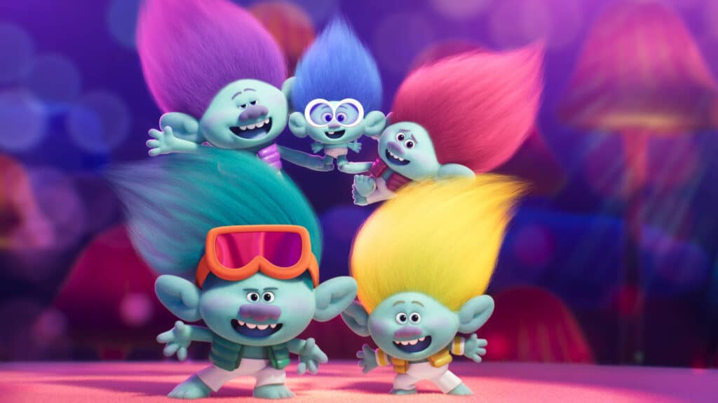 BroZone boy band in Trolls Band Together. Five trolls brothers are in a band.