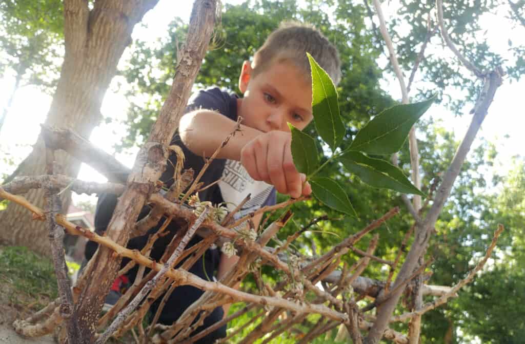 boy making a fairy house outside with sticks and leaves. Kinesthetic learning